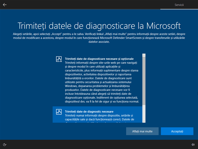 Alege ce date de diagnosticare se trimit la Microsoft