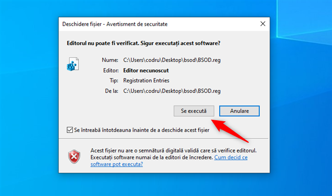 Alege Se executÄƒ Ã®n fereastra Deschidere fiÈ™ier - Avertisment de securitate