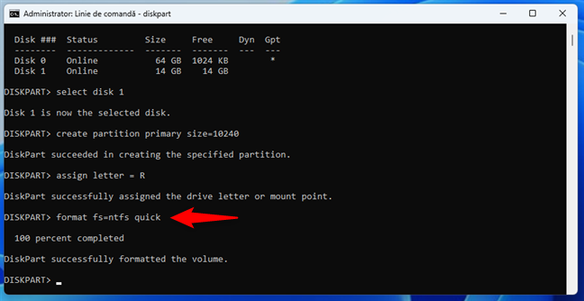 Formatarea unei partiÈ›ii cu Diskpart Ã®n Linia de comandÄƒ