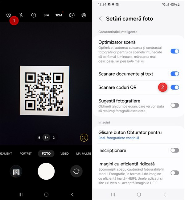 Pe un Samsung Galaxy, deschide SetÄƒri È™i activeazÄƒ Scanare coduri QR