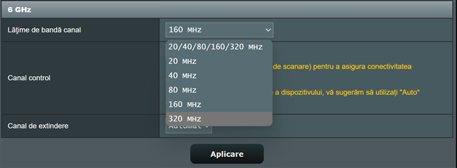 SeteazÄƒ lÄƒÈ›imea de bandÄƒ a canalului pentru 6 GHz