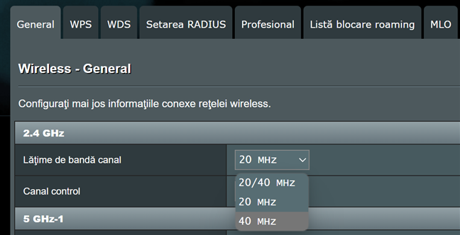 ConfigureazÄƒ lÄƒÈ›imea de bandÄƒ a canalului pentru 2,4 GHz