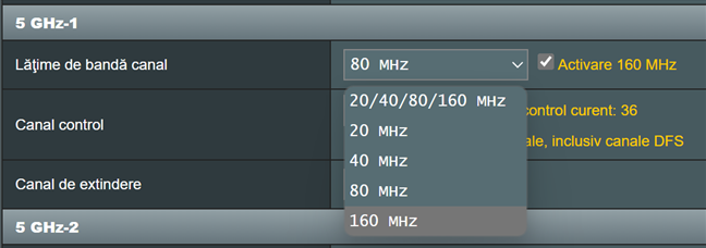 ConfigureazÄƒ lÄƒÈ›imea de bandÄƒ a canalului pentru 5 GHz