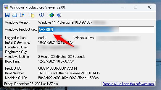 Windows Product Key Finder afiÈ™eazÄƒ cheia de licenÈ›Äƒ Windows