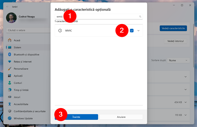CautÄƒ È™i selecteazÄƒ caracteristica opÈ›ionalÄƒ WMIC