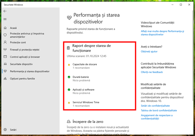 Un raport despre starea de funcÈ›ionare a sistemului, generat de Windows 10