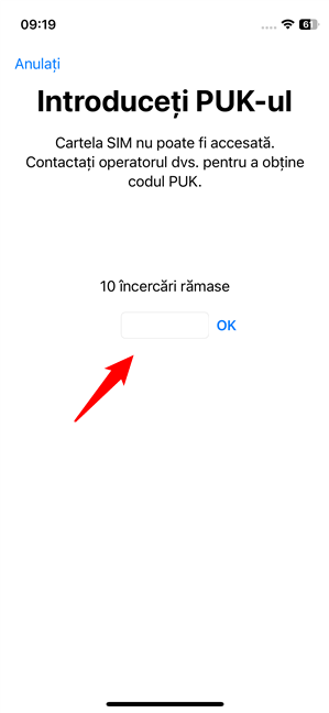 Introdu codul PUK pe un iPhone