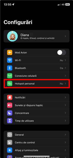 AcceseazÄƒ Hotspot personal pe iPhone