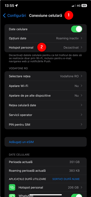 AcceseazÄƒ setÄƒrile pentru hotspotul de pe iPhone din ecranul Conexiune celularÄƒ