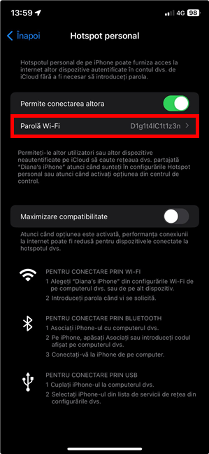 AcceseazÄƒ ParolÄƒ Wi-Fi pentru a schimba parola hotspotului pe un iPhone