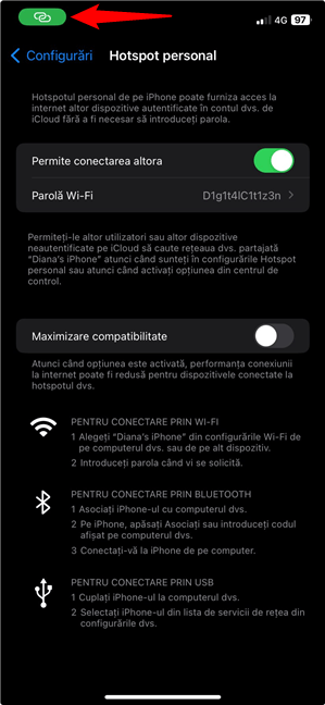 Pictograma ceasului se schimbÄƒ pentru a indica utilizarea hotspotului WiFi de pe iPhone