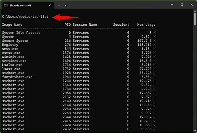 Tasklist Ã®È›i permite sÄƒ vezi procesele care ruleazÄƒ Ã®n CMD din Windows