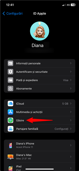 AcceseazÄƒ setÄƒrile pentru GÄƒsire de pe iPhone