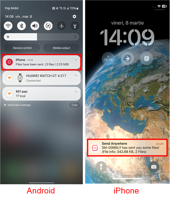 NotificÄƒri primite la transferul de imagini pe Android È™i iPhone