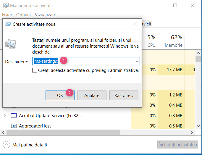 Deschide ms-settings: