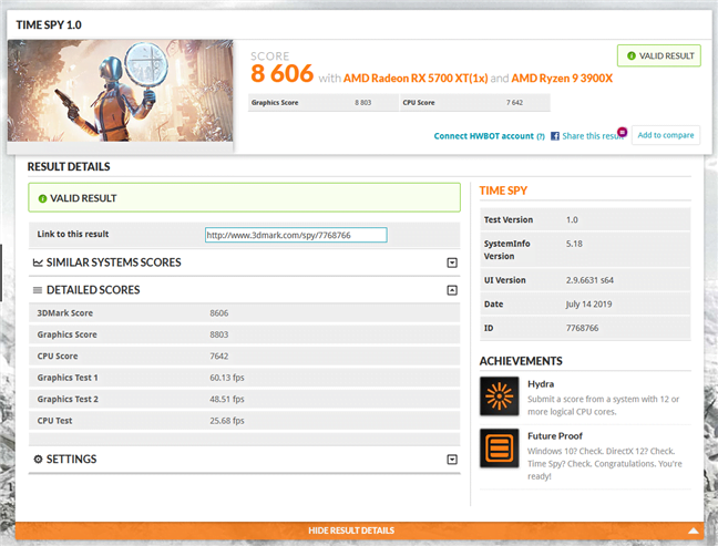 Rezultat benchmark result în 3DMark Time Spy