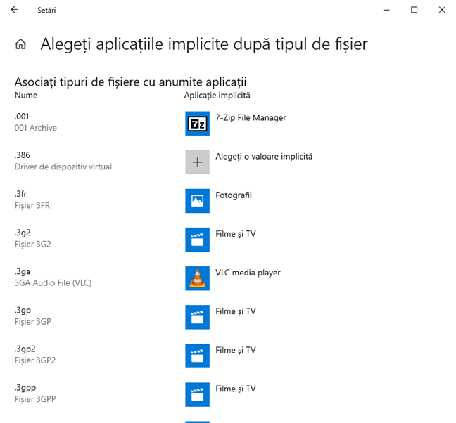 Alege aplicațiile implicite după tipul de fișier