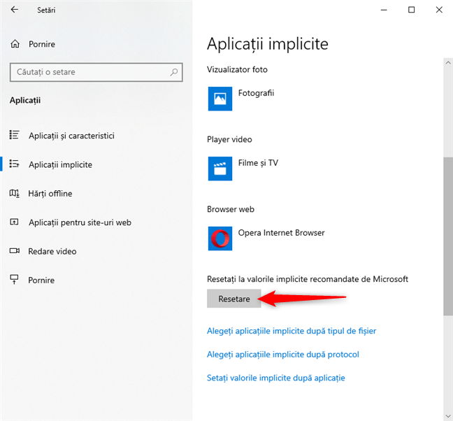 Resetează aplicațiile implicite din Windows 10