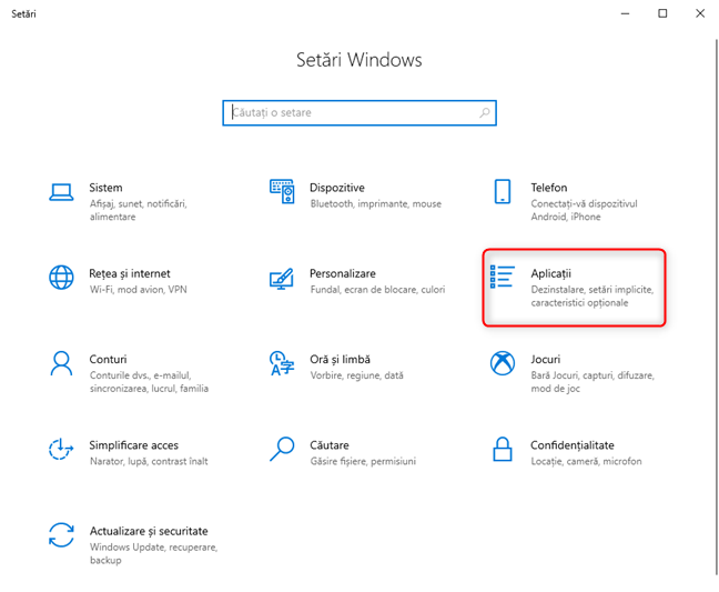 Setări Windows 10 - Mergi la aplicații