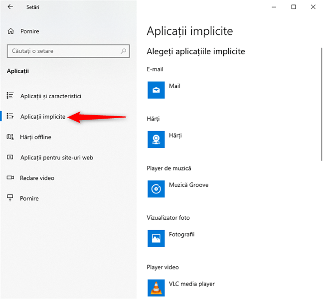 Setări Windows 10 - Accesează Aplicații implicite