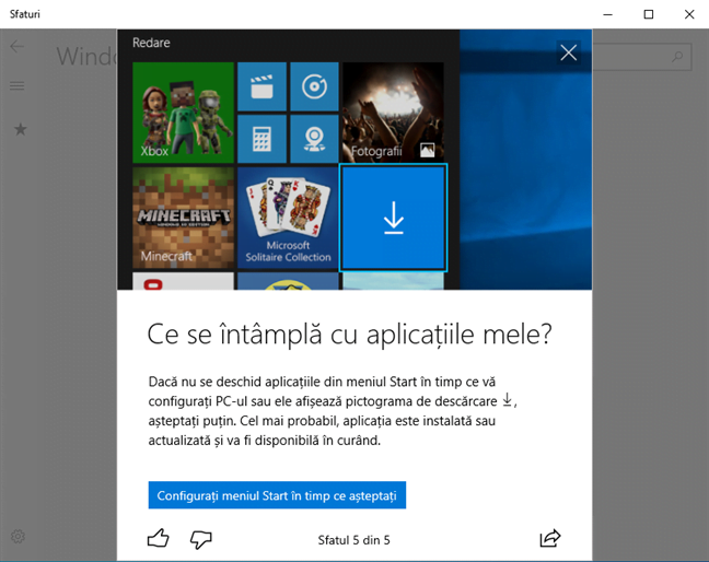 Aplicația Sfaturi din Windows 10 oferă o posibilă soluție