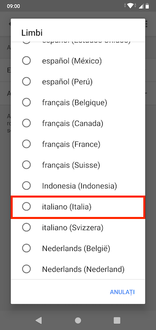 Alege din listă limba pe care o preferi