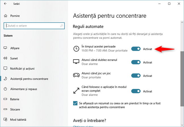 Opțiunea de a bloca notificările din Windows 10 în anumite intervale orare