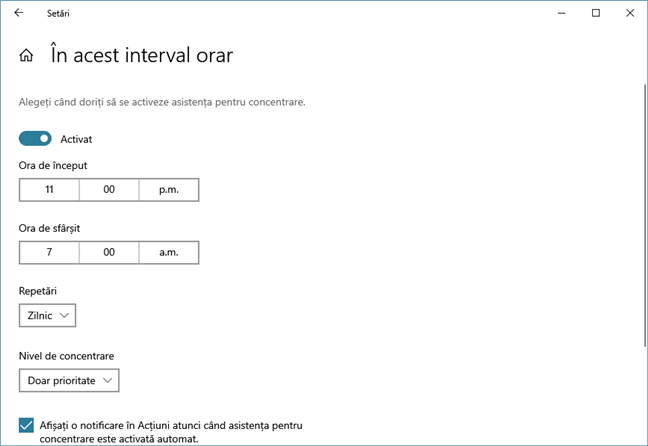 Blocarea notificărilor din Windows 10 în anumite intervale de timp