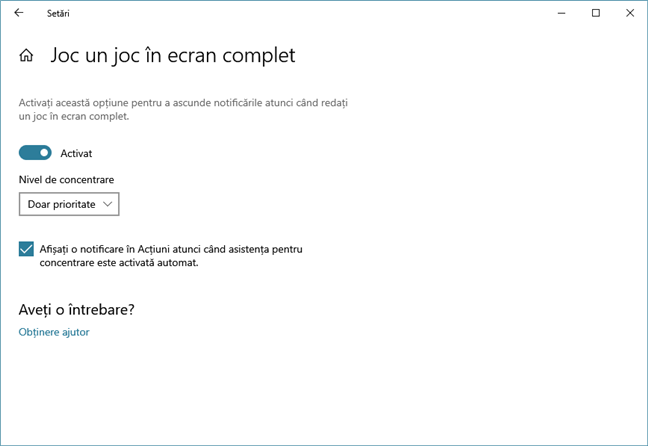 Alegerea de a stopa notificările din Windows 10 atunci când te joci jocuri