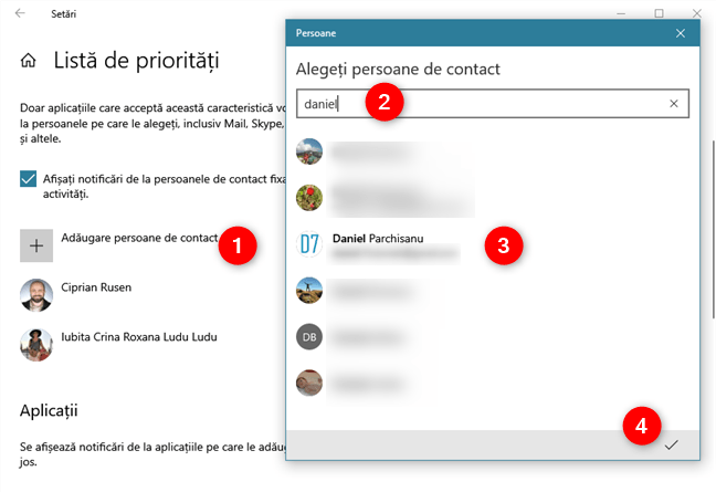 Adăugarea de contacte la Lista de priorități îți permite să primești notificări de la ele