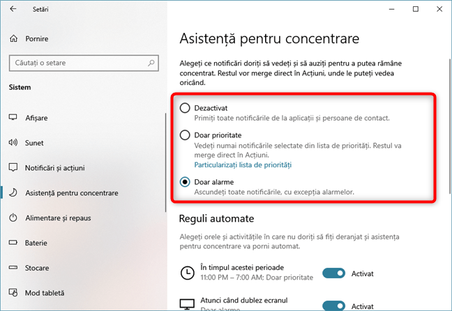 Activează Asistență pentru concentrare din aplicația Setări