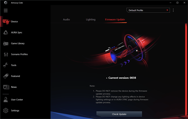 ASUS ROG Delta: Actualizarea de firmware se face din aplicația Armoury Crate