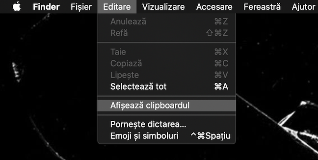 Meniul Editare are opțiunea Afișează clipboardul