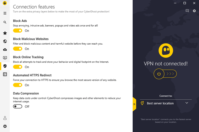 Setările extra disponibile pentru conexiuni, din CyberGhost VPN