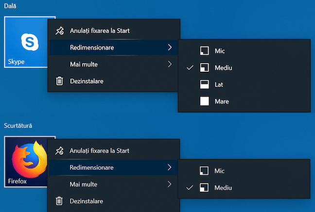 Mărimile unei dale în comparație cu ale unei scurtături în Windows 10