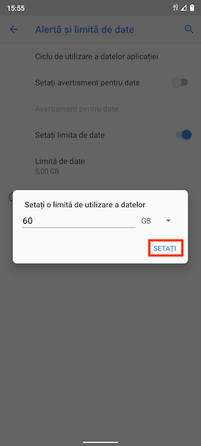 Apasă pe Setați o limită de utilizare a datelor