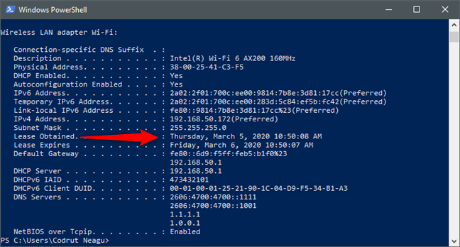 Data și ora DHCP Lease Obtained (Atribuire obținută) a unei plăci de rețea