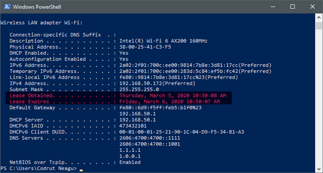 Cum vezi DHCP lease time (durata atribuire) a unui PC cu Windows 10