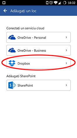Microsoft Office, Dropbox, Android, conectare, cont
