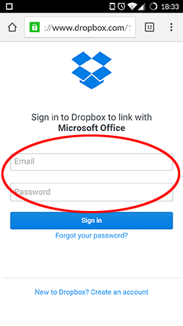 Microsoft Office, Dropbox, Android, conectare, cont