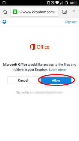 Microsoft Office, Dropbox, Android, conectare, cont
