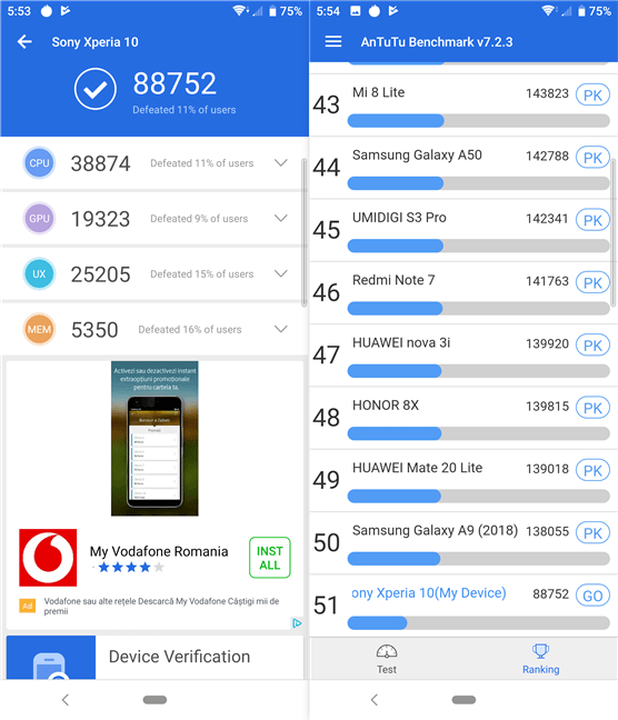 Sony Xperia 10: Rezultate benchmark în AnTuTu