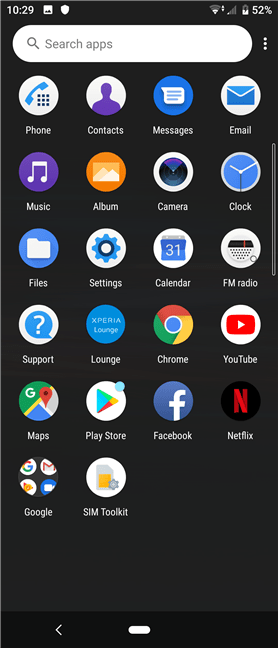 Sertarul de aplicații de pe Sony Xperia 10