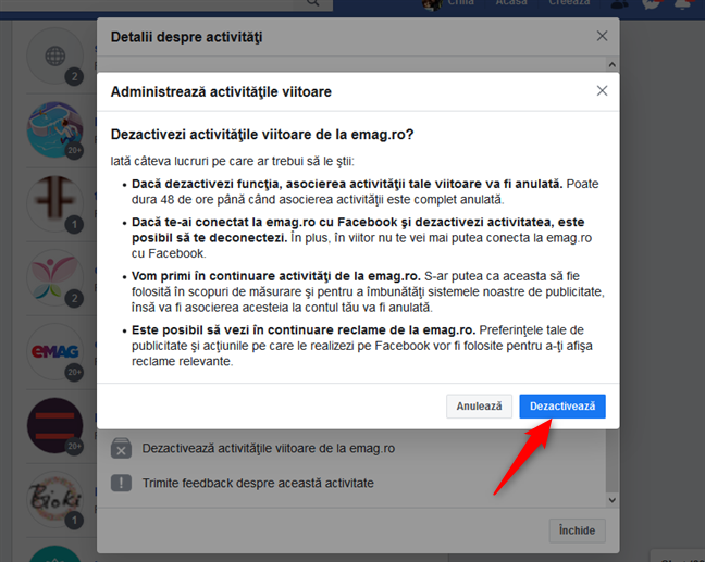 Confirmarea că vrei să dezactivezi activitățile viitoare de la un site sau aplicație