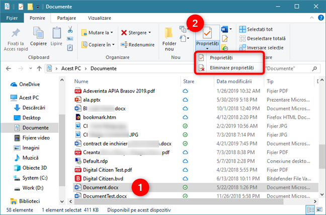 Proprietăți și opțiuni de ștergere a proprietăților pentru un fișier selectat