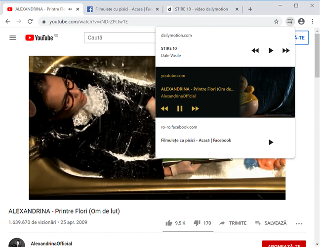 Centrul media arătând videoclipuri de pe Dailymotion, Youtube și Facebook