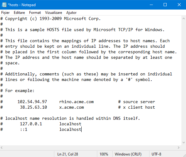 Fișierul etc/hosts din Windows