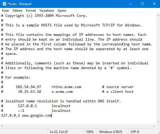 Editarea fișierului <em>Hosts</em> în Notepad