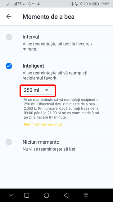 Setează memento în Hydro Coach bazat pe mărimea sticlei tale de apă