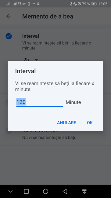 Modifică intervalul pentru memento în Hydro Coach